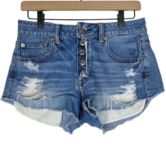 AMERICAN EAGLE Hi Rise Festival Jean Shorts Distressed Cut Off Medium Wash 4 - Picture 9 of 9